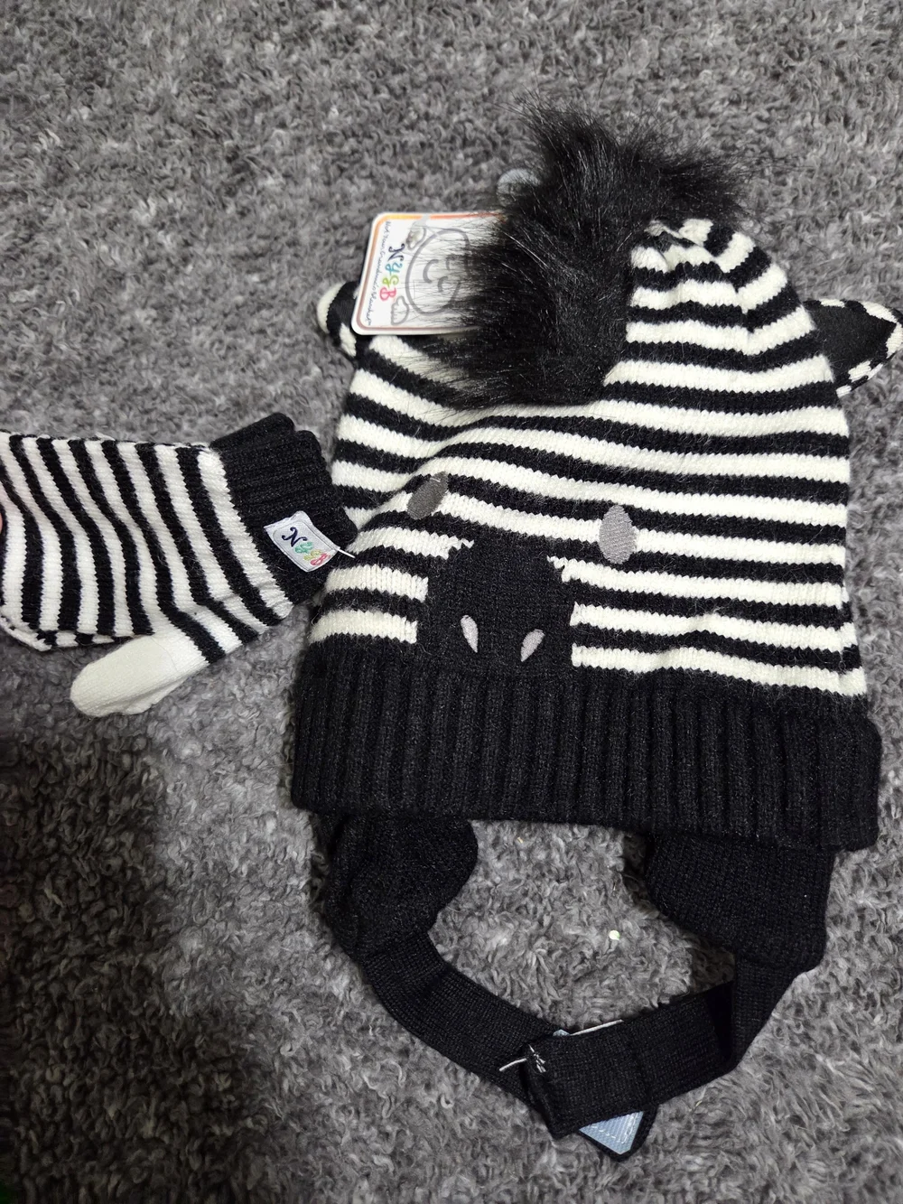 Striped Black & White Knit Earflap Hat with Matching Mittens